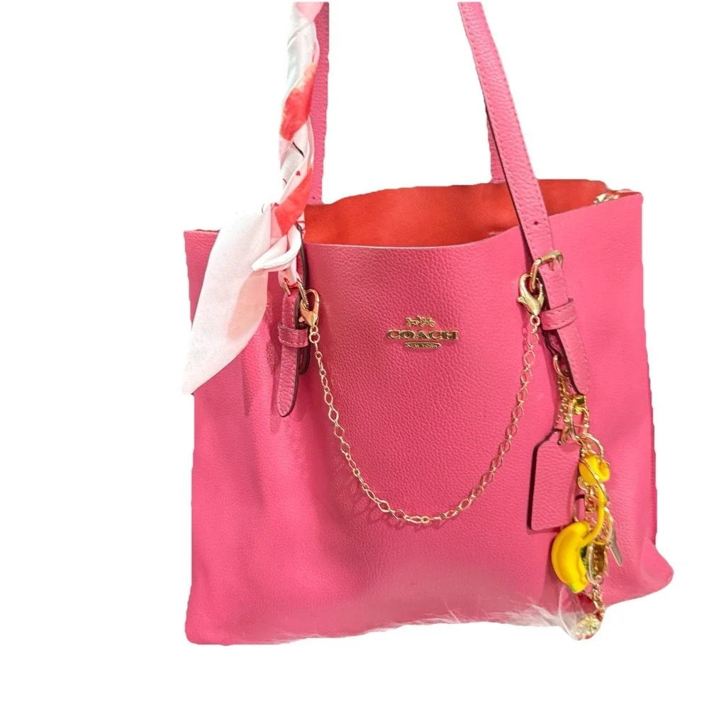 Coach Mollie Tote Pink Pebbled Leather Zip Top Shoulder Bag Gold Straw Topper